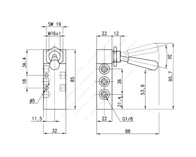 Βαλβίδα με μοχλό 90° 5/2 1/8" 2 θέσεων 358-900 CAMOZZI